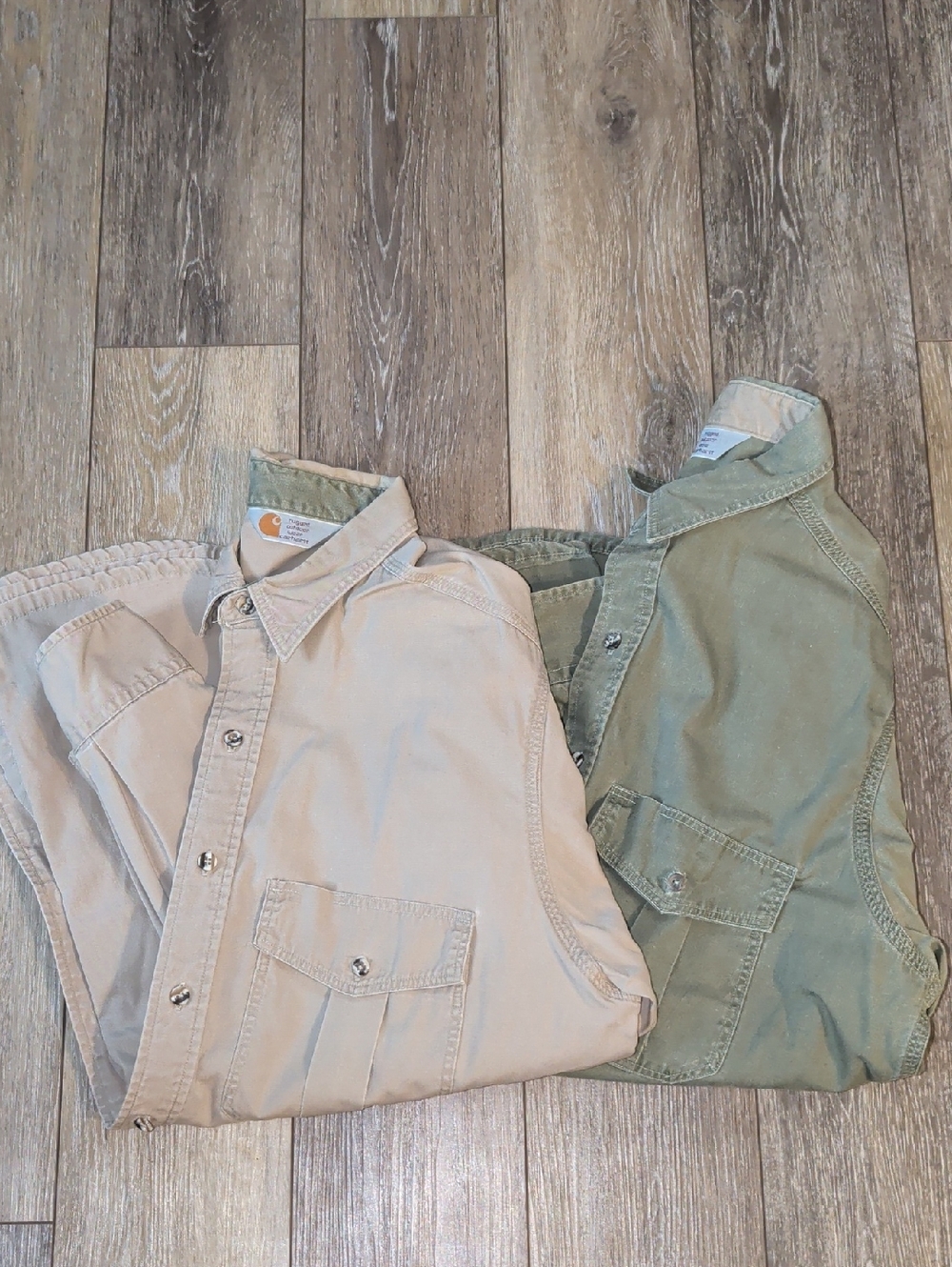 Vintage Carhartt Men's Work Shirts Pair - Tan & Olive Green